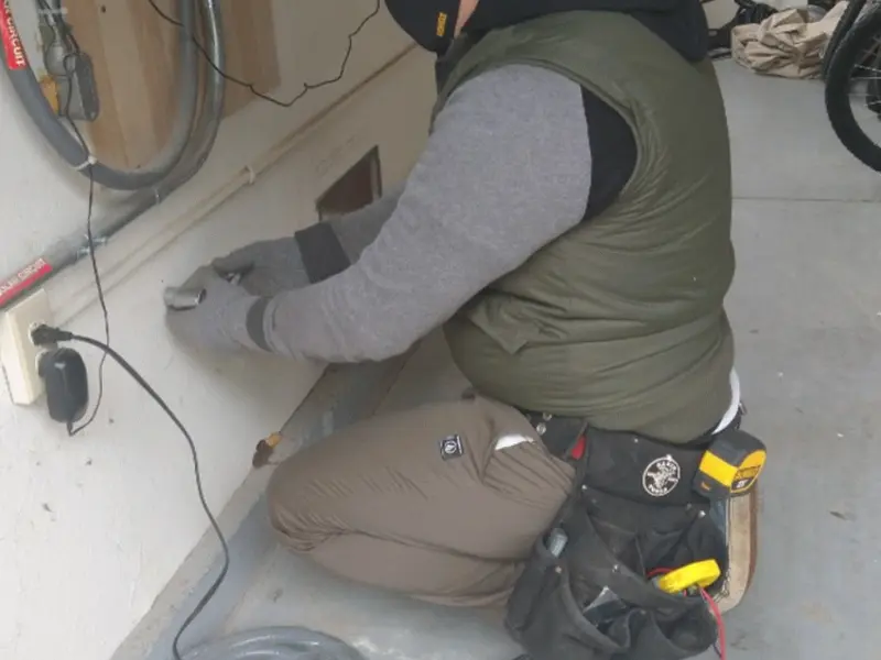 Electrician performing outlet wiring in a Ridgewood garage